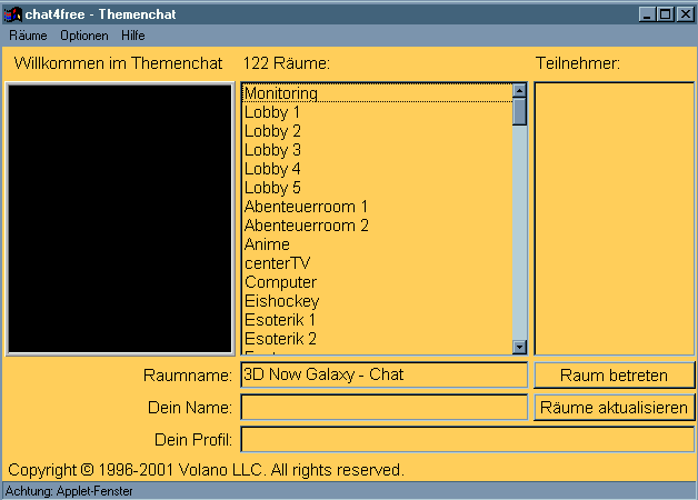 Volano Java-Applet mit 122 Chaträumen
